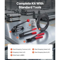 VEVOR Steel Banding Strapping Kit, Heavy Duty Banding Sealer Tool with 600 ft Binding Straps, 300 Metal Seals, Manual Pallet Packaging Strapping Kit for Warehouse, Transportation, Industrial Bundling