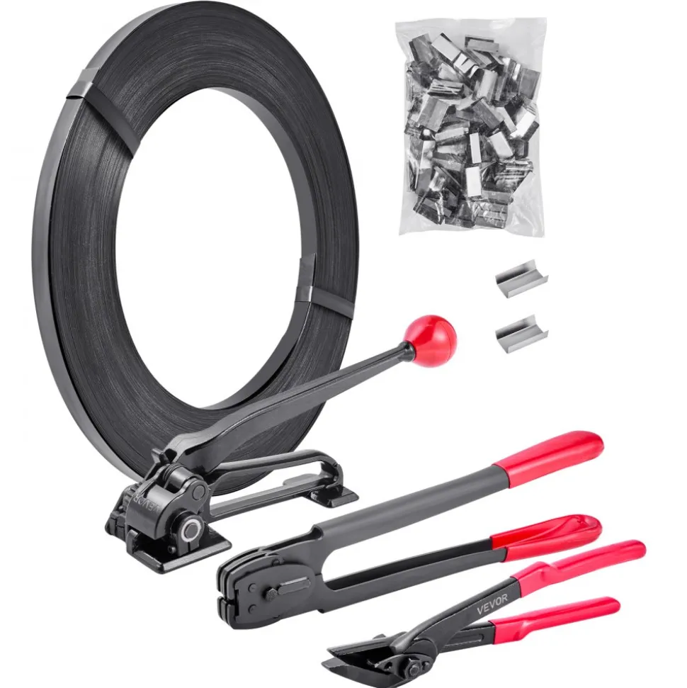 VEVOR Steel Banding Strapping Kit, Heavy Duty Banding Sealer Tool with 600 ft Binding Straps, 300 Metal Seals, Manual Pallet Packaging Strapping Kit for Warehouse, Transportation, Industrial Bundling