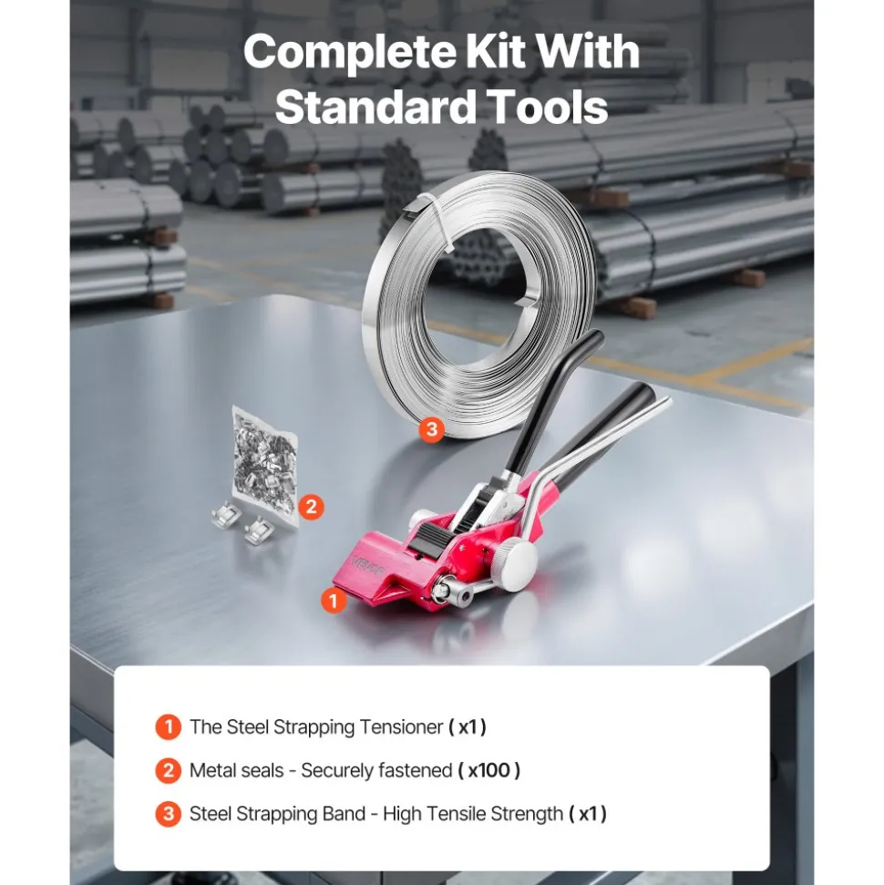 VEVOR Steel Banding Strapping Kit, Heavy Duty Banding Sealer Tool with 100 ft Binding Straps, 100 Metal Clasps, Manual Pallet Packaging Strapping Kit for Warehouse, Transportation, Industrial Bundling