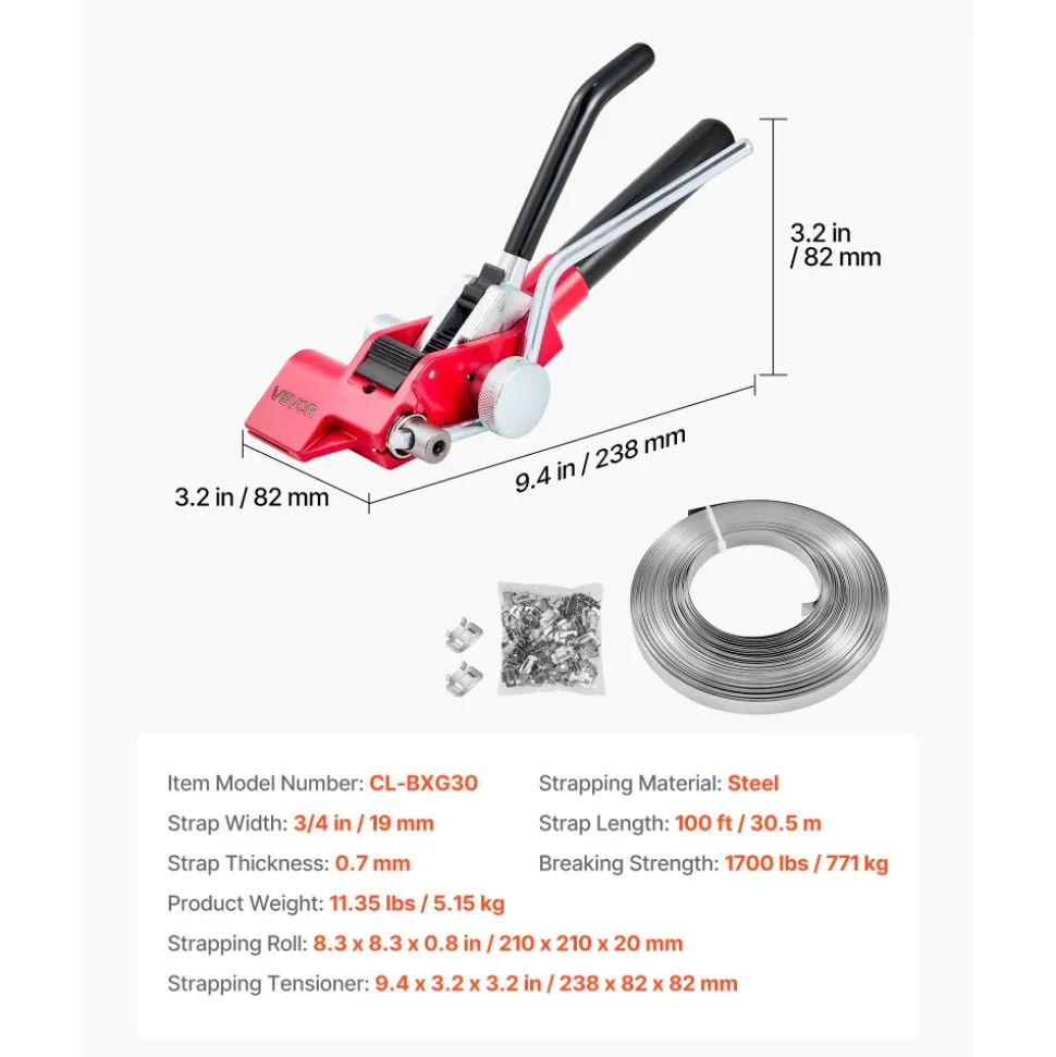 VEVOR Steel Banding Strapping Kit, Heavy Duty Banding Sealer Tool with 100 ft Binding Straps, 100 Metal Clasps, Manual Pallet Packaging Strapping Kit for Warehouse, Transportation, Industrial Bundling