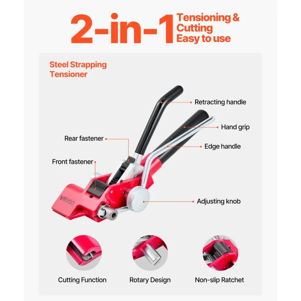 VEVOR Steel Banding Strapping Kit, Heavy Duty Banding Sealer Tool with 100 ft Binding Straps, 100 Metal Clasps, Manual Pallet Packaging Strapping Kit for Warehouse, Transportation, Industrial Bundling