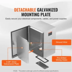 VEVOR Steel Electrical Box, 20"x 16"x 8", 304 Stainless Steel Electrical Enclosure Box, Wall-Mounted Outdoor Electrical Electronic Equipment Enclosure with Mounting Plate Hinges Lock, IP66 Waterproof