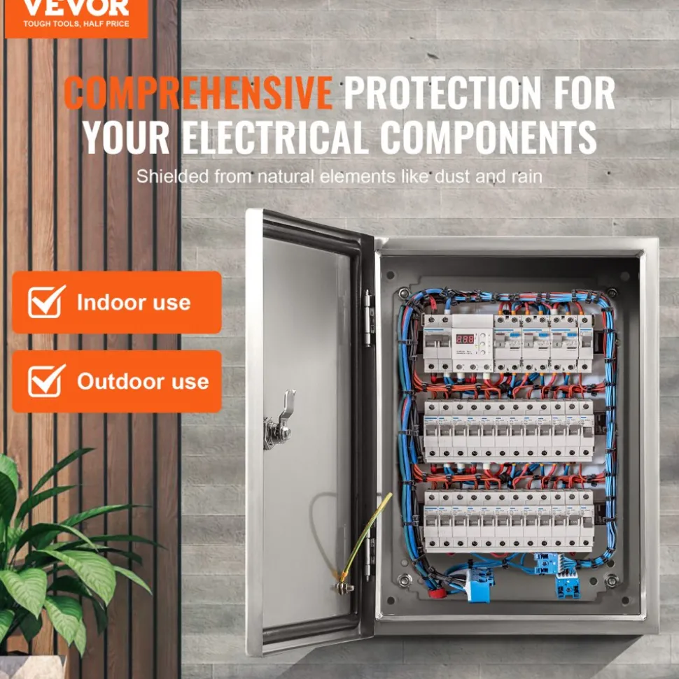 VEVOR Steel Electrical Box, 16"x 12"x 6", 304 Stainless Steel Electrical Enclosure Box, Wall-Mounted Outdoor Electrical Electronic Equipment Enclosure with Mounting Plate Hinges Lock, IP66 Waterproof
