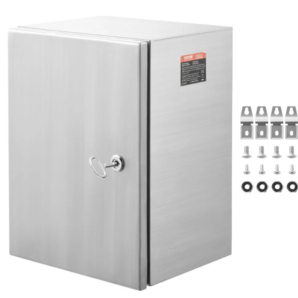 VEVOR Steel Electrical Box, 16"x 12"x 6", 304 Stainless Steel Electrical Enclosure Box, Wall-Mounted Outdoor Electrical Electronic Equipment Enclosure with Mounting Plate Hinges Lock, IP66 Waterproof