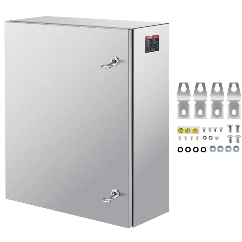 VEVOR Steel Electrical Box, 24"x 20"x 8", 304 Stainless Steel Electrical Enclosure Box, Wall-Mounted Outdoor Electrical Electronic Equipment Enclosure with Mounting Plate Hinges Lock, IP66 Waterproof