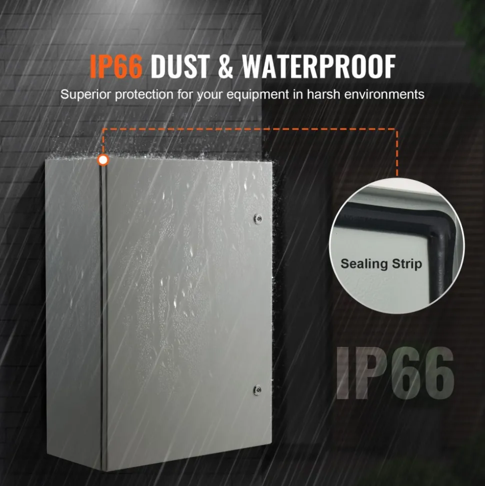 VEVOR Steel Electrical Box, 27.6 x 19.7 x 9.8 in, Cold Rolled Steel Electrical Enclosure Box, Wall-Mounted Outdoor Electronic Equipment Enclosure with Mounting Plate, Hinges, Lock, IP66 Waterproof