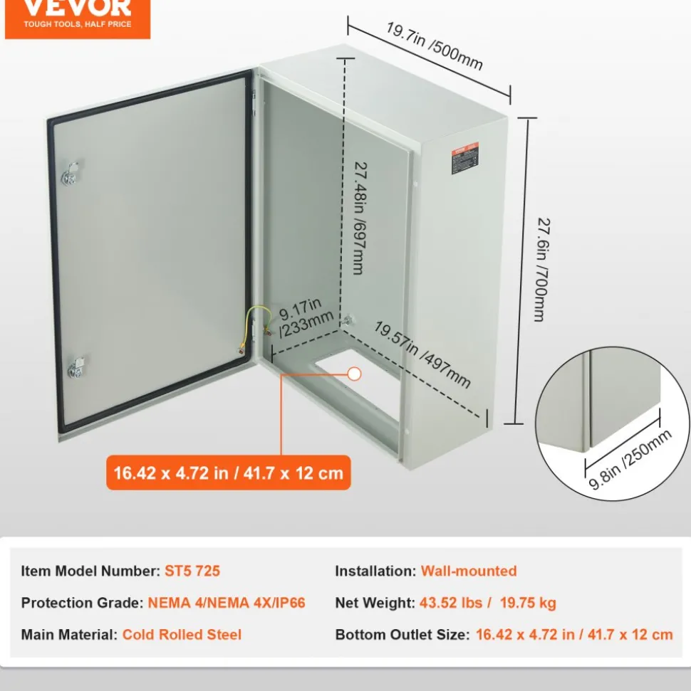 VEVOR Steel Electrical Box, 27.6 x 19.7 x 9.8 in, Cold Rolled Steel Electrical Enclosure Box, Wall-Mounted Outdoor Electronic Equipment Enclosure with Mounting Plate, Hinges, Lock, IP66 Waterproof