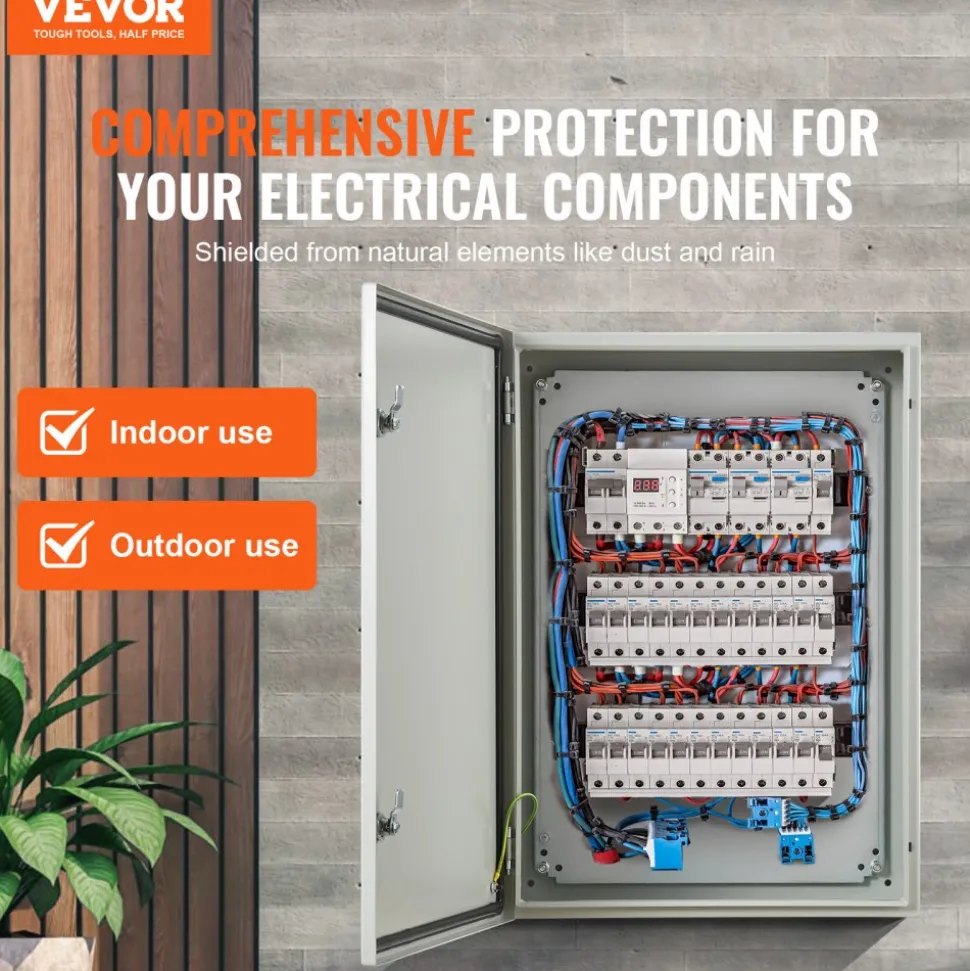VEVOR Steel Electrical Box, 27.6 x 19.7 x 9.8 in, Cold Rolled Steel Electrical Enclosure Box, Wall-Mounted Outdoor Electronic Equipment Enclosure with Mounting Plate, Hinges, Lock, IP66 Waterproof