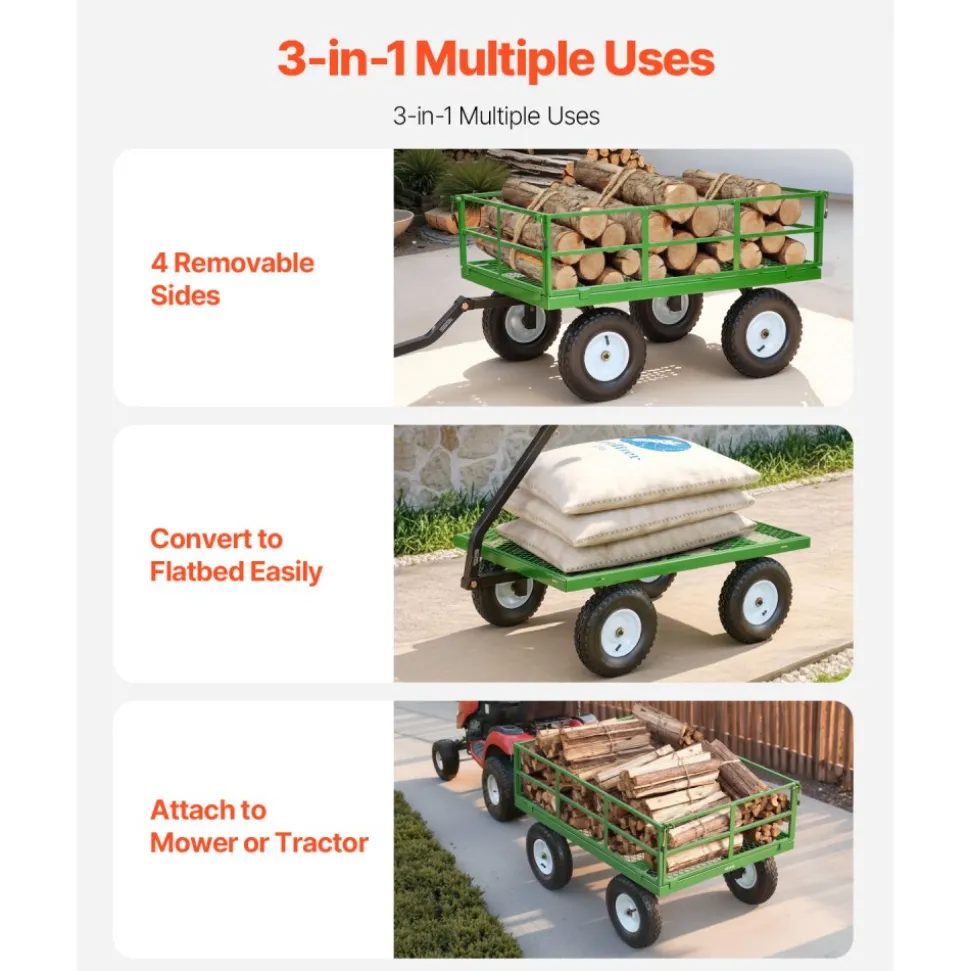 VEVOR Steel Garden Cart, 1200 lbs Heavy Duty Pullable Garden Wagon Yard Cart, 2 in 1 Outdoor Metal Utility Wagon Yard Trailer with 13" All Terrain Tires, Mesh Detachable Sides and 180° Rotating Handle