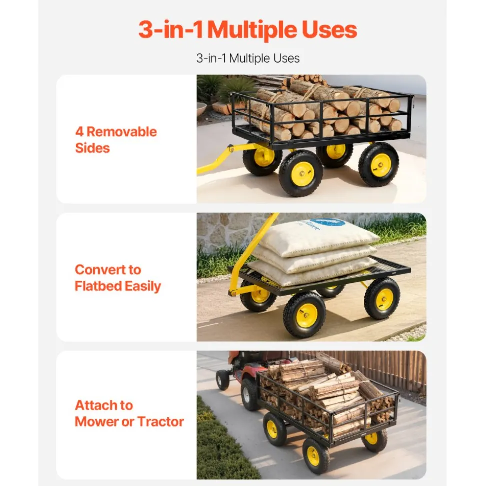 VEVOR Steel Garden Cart, 1200 lbs Heavy Duty Pullable Garden Wagon Yard Cart, 2 in 1 Outdoor Metal Utility Wagon Yard Trailer with 13" All Terrain Tires, Mesh Detachable Sides and 180° Rotating Handle