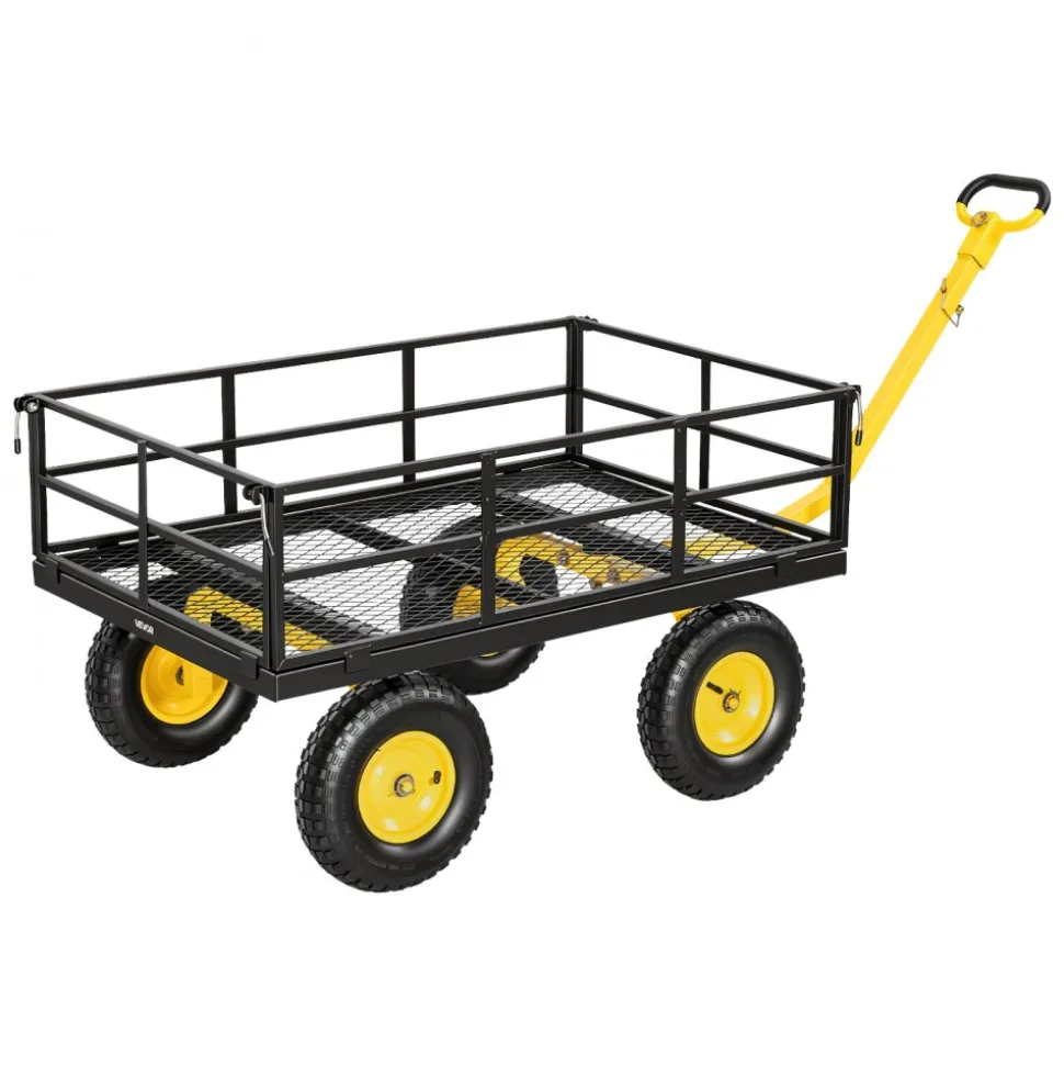 VEVOR Steel Garden Cart, 1200 lbs Heavy Duty Pullable Garden Wagon Yard Cart, 2 in 1 Outdoor Metal Utility Wagon Yard Trailer with 13" All Terrain Tires, Mesh Detachable Sides and 180° Rotating Handle