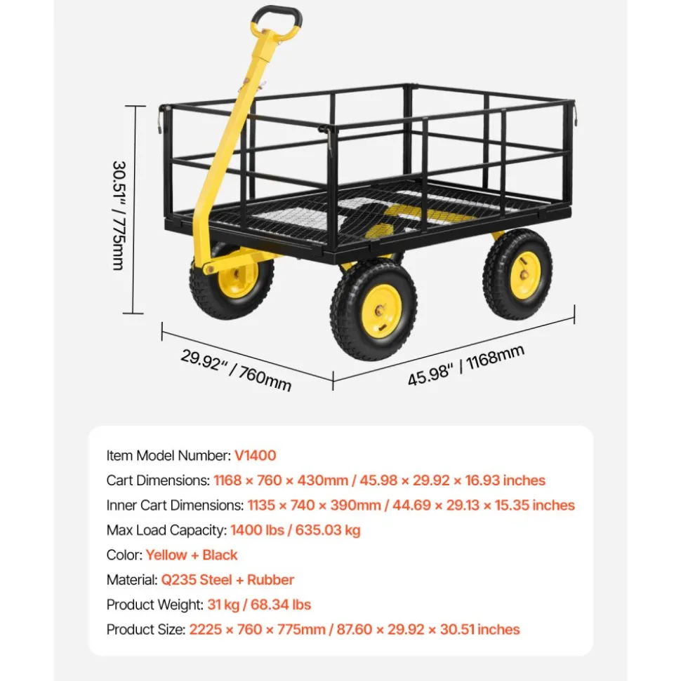 VEVOR Steel Garden Cart, 1400 lbs Heavy Duty Pullable Garden Wagon Yard Cart, 2 in 1 Outdoor Metal Utility Wagon Yard Trailer with 13" All Terrain Tires, Mesh Detachable Sides and 180° Rotating Handle