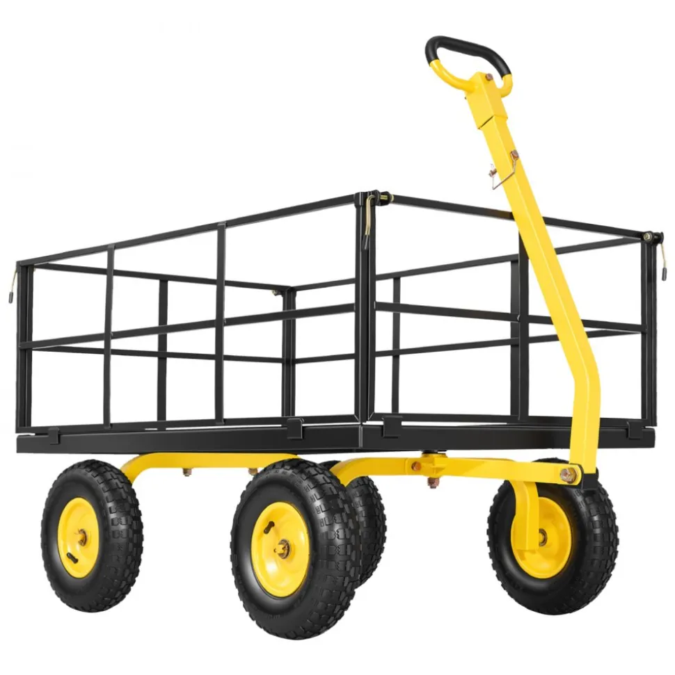 VEVOR Steel Garden Cart, 1400 lbs Heavy Duty Pullable Garden Wagon Yard Cart, 2 in 1 Outdoor Metal Utility Wagon Yard Trailer with 13" All Terrain Tires, Mesh Detachable Sides and 180° Rotating Handle