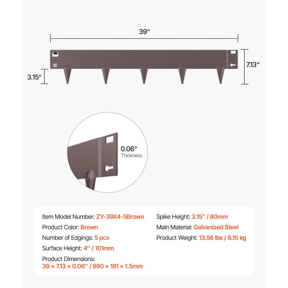 VEVOR Steel Landscape Edging, 5 Packs 39 x 5 in Rust-Resistant Metal Landscape Edging, Bendable Garden Edging Border, Heavy Duty Lawn Edging, Easy-to-Install, Flower Bed Yard Pathway Divider Brown