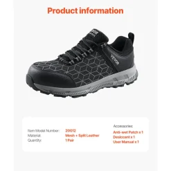 VEVOR Steel Toe Shoes for Men, US Size 8 Wide, Men’s Cushion Sport Safety Toe Athletic Work Shoe, Indestructible Safety Sneakers Lightweight,Breathable Industry Construction Work Shoes, Black