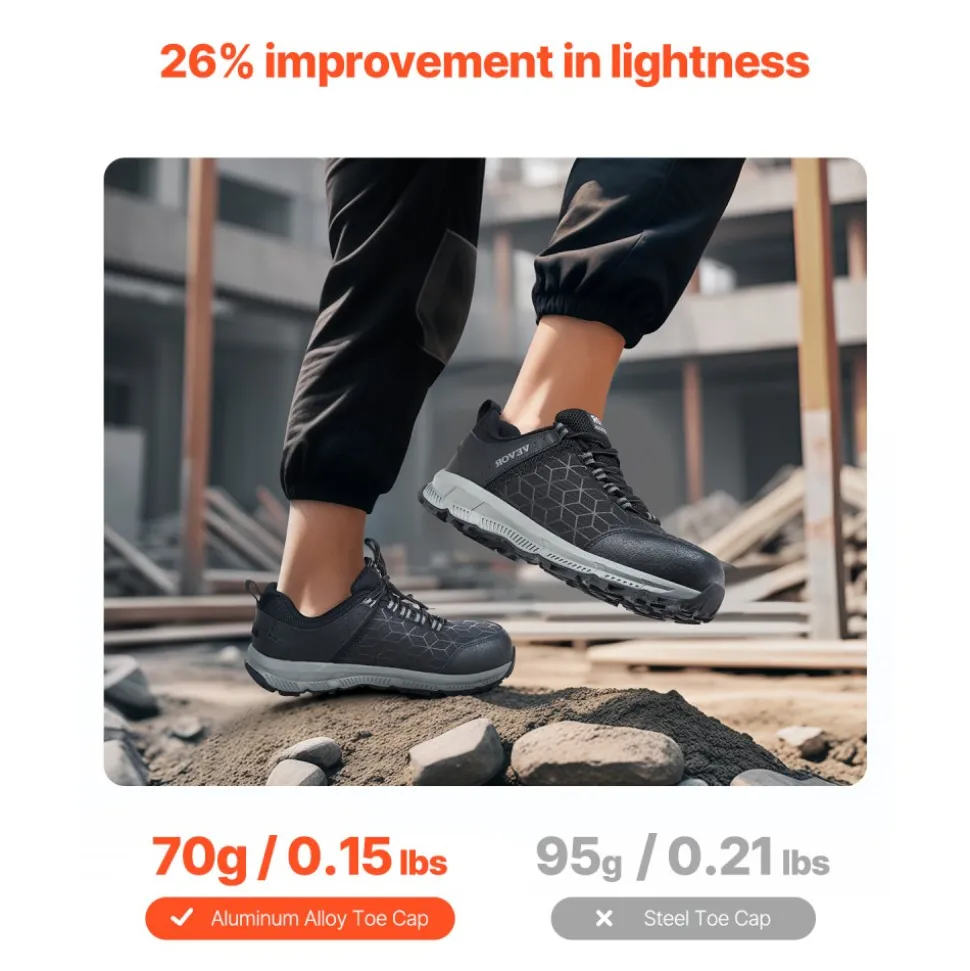 VEVOR Steel Toe Shoes for Men, US Size 12, Men’s Cushion Sport Safety Toe Athletic Work Shoe, Indestructible Safety Sneakers Lightweight,Breathable Industry Construction Work Shoes, Black
