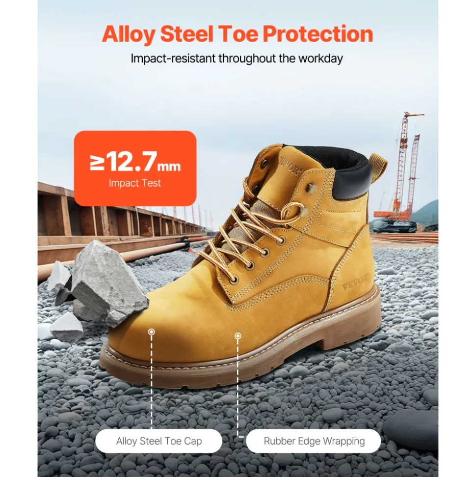 VEVOR Steel Toe Work Boots, US Size 12, Waterproof Work Boots for Men, Slip-Resistant Work Boot, Lightweight and Breathable Rubber Sole Mens Boots for Industry Construction, Brown Yellow