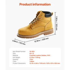 VEVOR Steel Toe Work Boots, US Size 12, Waterproof Work Boots for Men, Slip-Resistant Work Boot, Lightweight and Breathable Rubber Sole Mens Boots for Industry Construction, Brown Yellow