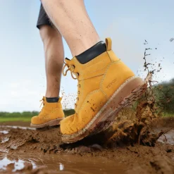VEVOR Steel Toe Work Boots, US Size 12, Waterproof Work Boots for Men, Slip-Resistant Work Boot, Lightweight and Breathable Rubber Sole Mens Boots for Industry Construction, Brown Yellow
