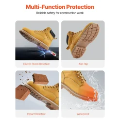 VEVOR Steel Toe Work Boots, US Size 12, Waterproof Work Boots for Men, Slip-Resistant Work Boot, Lightweight and Breathable Rubber Sole Mens Boots for Industry Construction, Brown Yellow