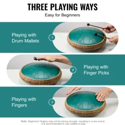 VEVOR Steel Tongue Drum, 14 in & 15 Notes, Rain Drum for Outside Garden, C Major Key, Tank Drum with 2 Mallets & Carry Bag, Hand Pan Drum Percussion Instrument for Musical Education Yoga, Green