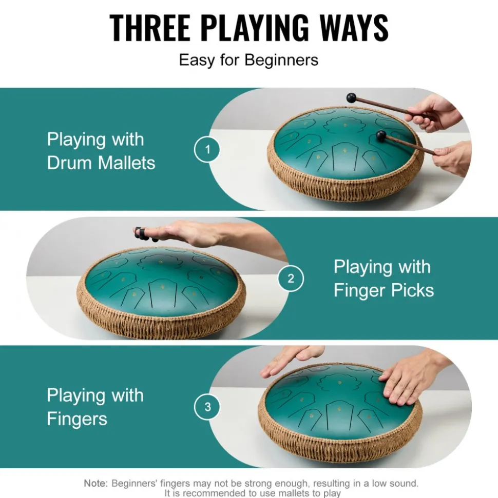 VEVOR Steel Tongue Drum, 14 in & 15 Notes, Rain Drum for Outside Garden, C Major Key, Tank Drum with 2 Mallets & Carry Bag, Hand Pan Drum Percussion Instrument for Musical Education Yoga, Green