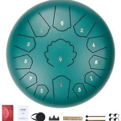 VEVOR Steel Tongue Drum, 14 in & 15 Notes, Rain Drum for Outside Garden, D Major Key, Tank Drum with 2 Mallets & Carry Bag, Hand Pan Drum Percussion Instrument for Musical Education Yoga, Green
