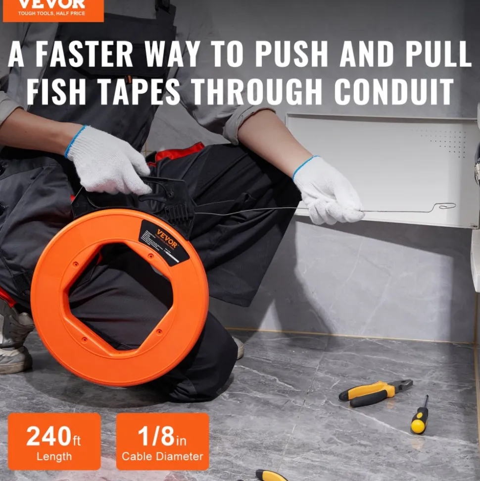 VEVOR Steel Wire Puller, 240ft, 1/8in, with Enhanced Housing & Handle, Simplified Cable Pulling Device, Adaptable for Wall & Electrical Conduit Wiring, Insulated