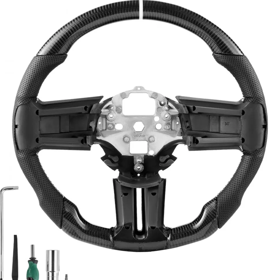 VEVOR Steering Wheel for 2010-2014 Ford Mustang, Carbon Fiber Steering Wheel D-Shaped Flat-Bottom, Leather Grip with Non-Slip Texture & Precise Stitching, Accessories Replacement for Mustang, Black