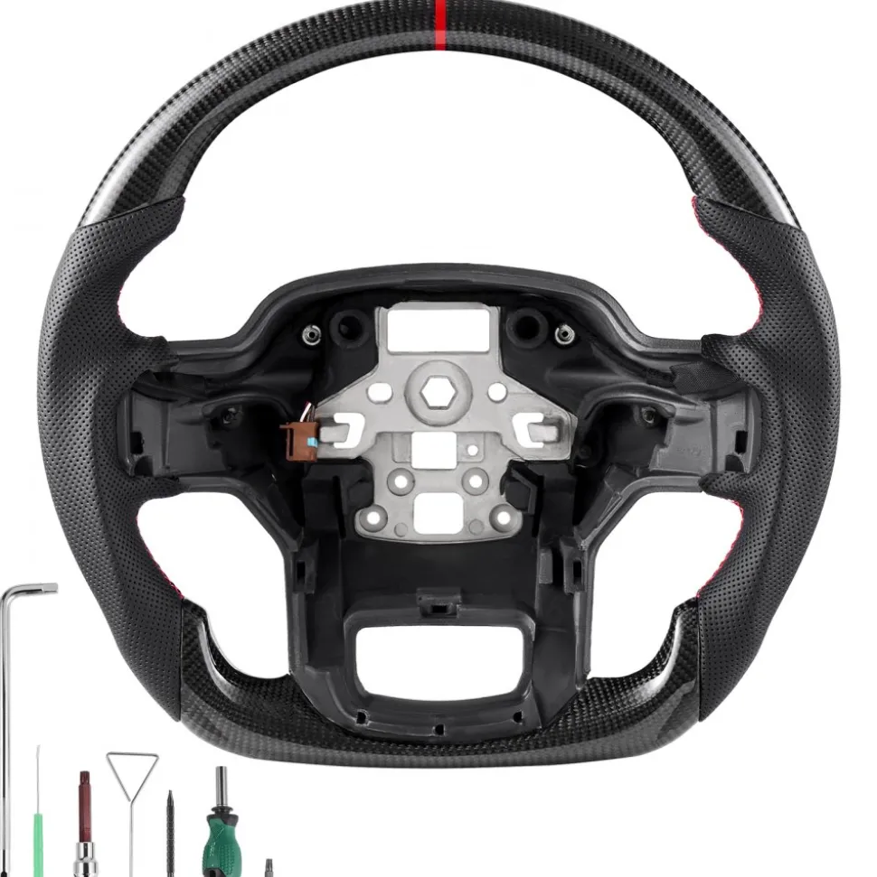 VEVOR Steering Wheel for 2021-2024 Ford F150, Carbon Fiber Steering Wheel D-Shaped Flat-Bottom with Heating Function, Leather Grip with Non-Slip Texture, Accessories Replacement for Ford F150, Black