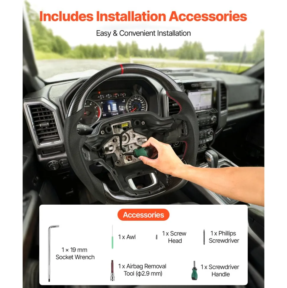 VEVOR Steering Wheel for 2021-2024 Ford F150, Carbon Fiber Steering Wheel D-Shaped Flat-Bottom with Heating Function, Leather Grip with Non-Slip Texture, Accessories Replacement for Ford F150, Black