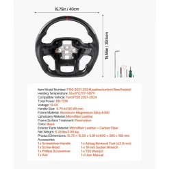VEVOR Steering Wheel for 2021-2024 Ford F150, Carbon Fiber Steering Wheel D-Shaped Flat-Bottom with Heating Function, Leather Grip with Non-Slip Texture, Accessories Replacement for Ford F150, Black