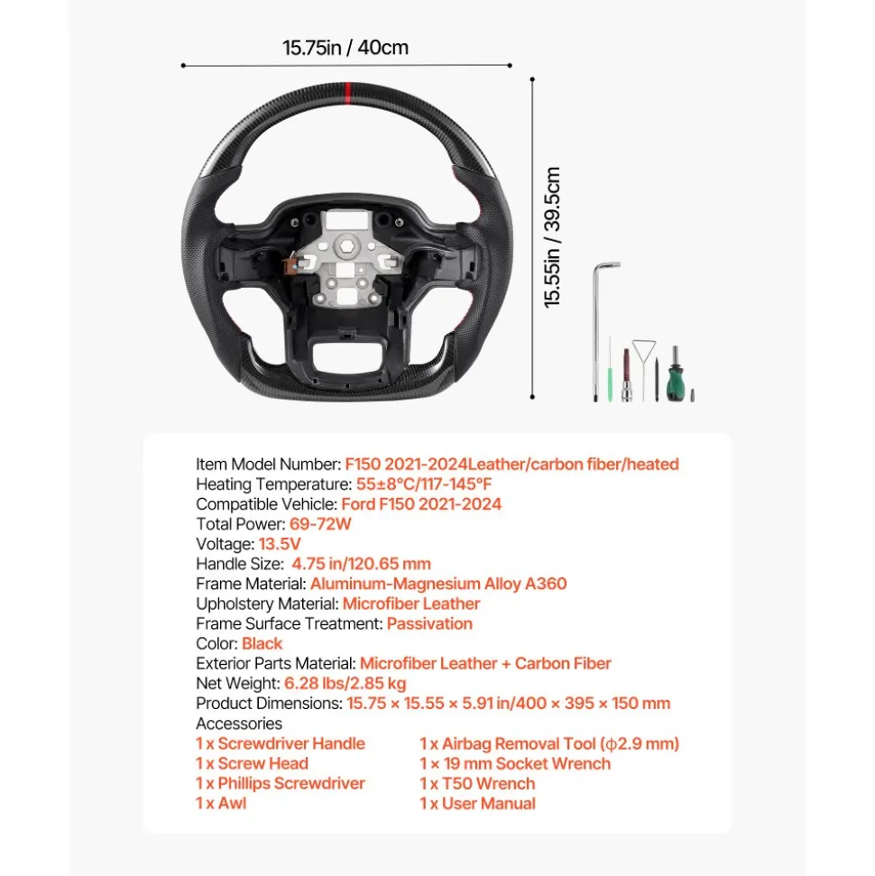 VEVOR Steering Wheel for 2021-2024 Ford F150, Carbon Fiber Steering Wheel D-Shaped Flat-Bottom with Heating Function, Leather Grip with Non-Slip Texture, Accessories Replacement for Ford F150, Black