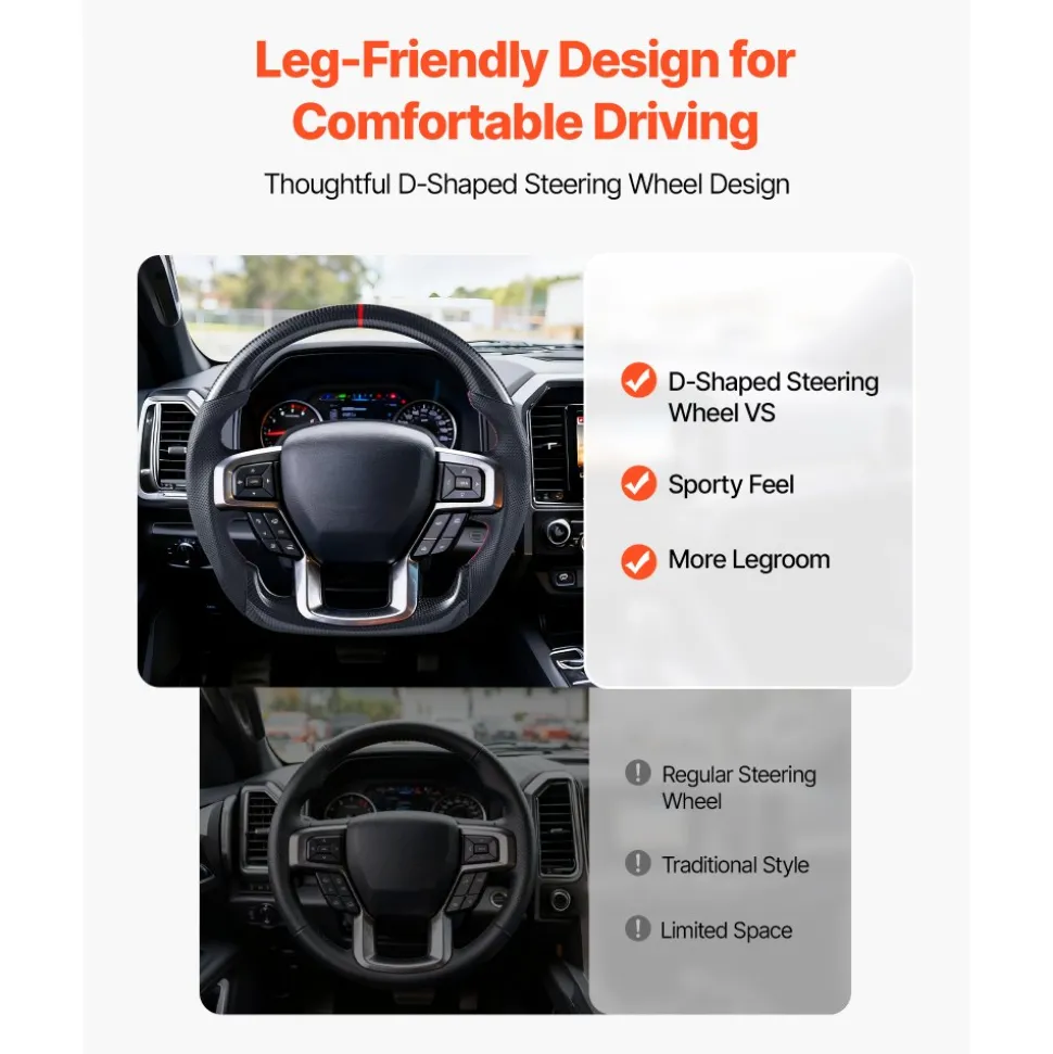 VEVOR Steering Wheel for 2021-2024 Ford F150, Carbon Fiber Steering Wheel D-Shaped Flat-Bottom, Leather Grip with Non-Slip Texture & Precise Stitching, Accessories Replacement for Ford F150, Black