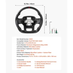 VEVOR Steering Wheel for 2021-2024 Ford F150, Carbon Fiber Steering Wheel D-Shaped Flat-Bottom, Leather Grip with Non-Slip Texture & Precise Stitching, Accessories Replacement for Ford F150, Black
