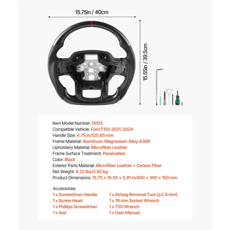 VEVOR Steering Wheel for 2021-2024 Ford F150, Carbon Fiber Steering Wheel D-Shaped Flat-Bottom, Leather Grip with Non-Slip Texture & Precise Stitching, Accessories Replacement for Ford F150, Black