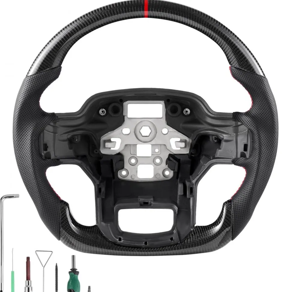 VEVOR Steering Wheel for 2021-2024 Ford F150, Carbon Fiber Steering Wheel D-Shaped Flat-Bottom, Leather Grip with Non-Slip Texture & Precise Stitching, Accessories Replacement for Ford F150, Black