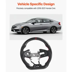 VEVOR Steering Wheel for 2016-2021 Honda Civic, Carbon Fiber Steering Wheel D-Shaped Flat-Bottom, Leather Grip with Non-Slip Texture & Precise Stitching, Accessories Replacement for Honda Civic, Black