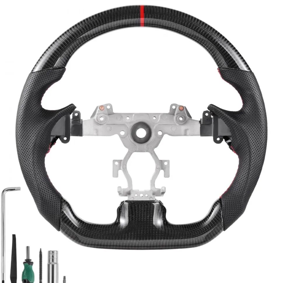 VEVOR Steering Wheel for 2007-2013 Infiniti G37, Carbon Fiber Steering Wheel D-Shaped Flat-Bottom, Leather Grip with Non-Slip Texture & Precise Stitching, Accessories Replacement for Infiniti, Black