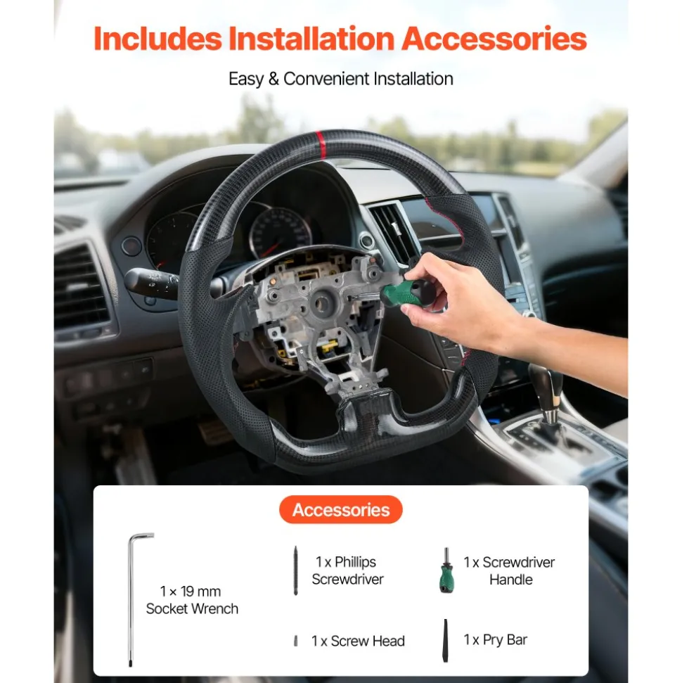 VEVOR Steering Wheel for 2007-2013 Infiniti G37, Carbon Fiber Steering Wheel D-Shaped Flat-Bottom, Leather Grip with Non-Slip Texture & Precise Stitching, Accessories Replacement for Infiniti, Black