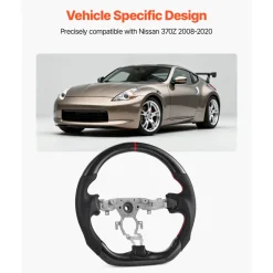 VEVOR Steering Wheel for 2008-2020 Nissan 370Z, Carbon Fiber Steering Wheel D-Shaped Flat-Bottom, Leather Grip with Non-Slip Texture & Precise Stitching, Accessories Replacement for Nissan 370Z, Black