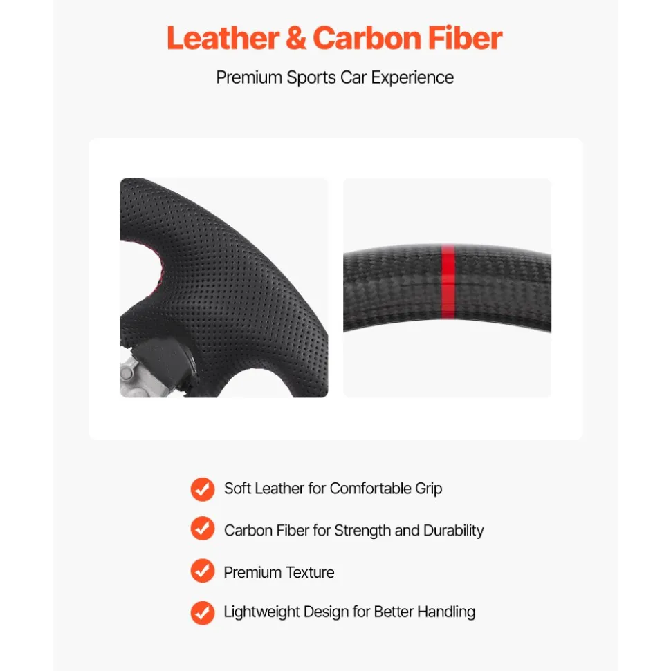VEVOR Steering Wheel for 2008-2020 Nissan 370Z, Carbon Fiber Steering Wheel D-Shaped Flat-Bottom, Leather Grip with Non-Slip Texture & Precise Stitching, Accessories Replacement for Nissan 370Z, Black