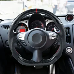 VEVOR Steering Wheel for 2008-2020 Nissan 370Z, Carbon Fiber Steering Wheel D-Shaped Flat-Bottom, Leather Grip with Non-Slip Texture & Precise Stitching, Accessories Replacement for Nissan 370Z, Black