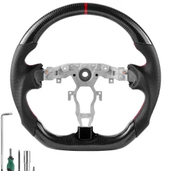 VEVOR Steering Wheel for 2008-2020 Nissan 370Z, Carbon Fiber Steering Wheel D-Shaped Flat-Bottom, Leather Grip with Non-Slip Texture & Precise Stitching, Accessories Replacement for Nissan 370Z, Black