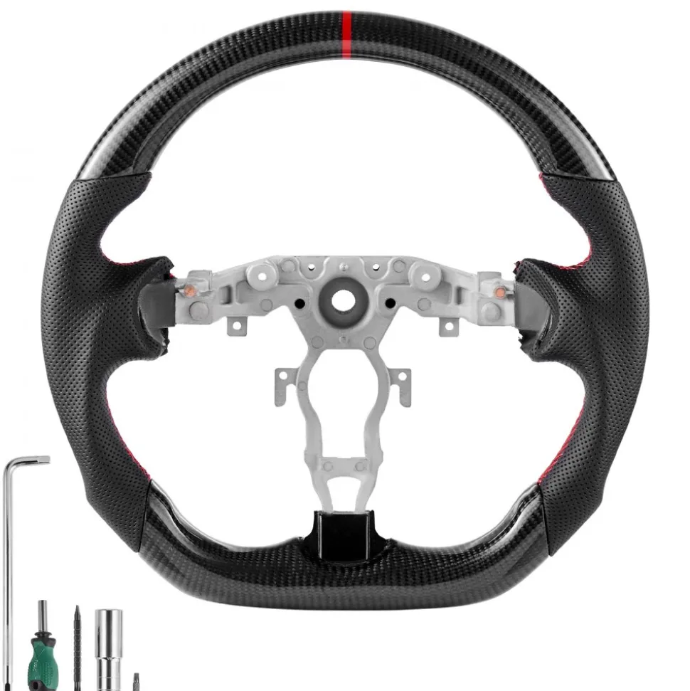 VEVOR Steering Wheel for 2008-2020 Nissan 370Z, Carbon Fiber Steering Wheel D-Shaped Flat-Bottom, Leather Grip with Non-Slip Texture & Precise Stitching, Accessories Replacement for Nissan 370Z, Black