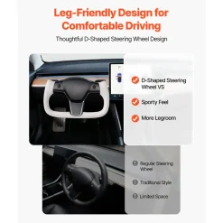 VEVOR Steering Wheel for 2016-2023 Tesla Model 3, Carbon Fiber Steering Wheel D-Shaped Flat-Bottom with Heating Function, Leather Grip with Non-Slip Texture, Accessories Replacement for Model 3, White
