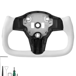 VEVOR Steering Wheel for 2016-2023 Tesla Model 3, Carbon Fiber Steering Wheel D-Shaped Flat-Bottom with Heating Function, Leather Grip with Non-Slip Texture, Accessories Replacement for Model 3, White