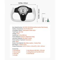 VEVOR Steering Wheel for 2016-2023 Tesla Model 3, Carbon Fiber Steering Wheel D-Shaped Flat-Bottom with Heating Function, Leather Grip with Non-Slip Texture, Accessories Replacement for Model 3, White