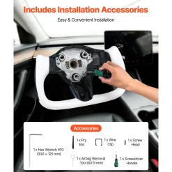 VEVOR Steering Wheel for 2016-2023 Tesla Model 3, Carbon Fiber Steering Wheel D-Shaped Flat-Bottom with Heating Function, Leather Grip with Non-Slip Texture, Accessories Replacement for Model 3, White