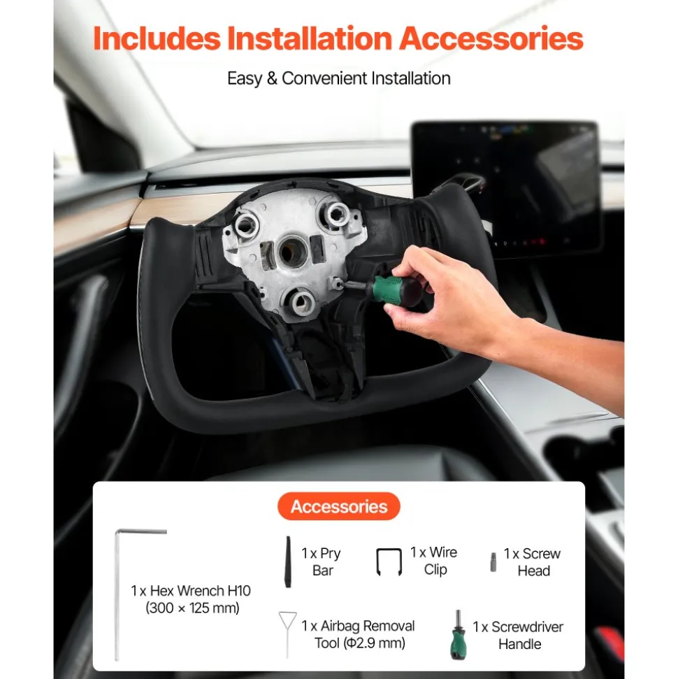 VEVOR Steering Wheel for 2016-2023 Tesla Model 3, Carbon Fiber Steering Wheel D-Shaped Flat-Bottom with Heating Function, Leather Grip with Non-Slip Texture, Accessories Replacement for Model 3, Black